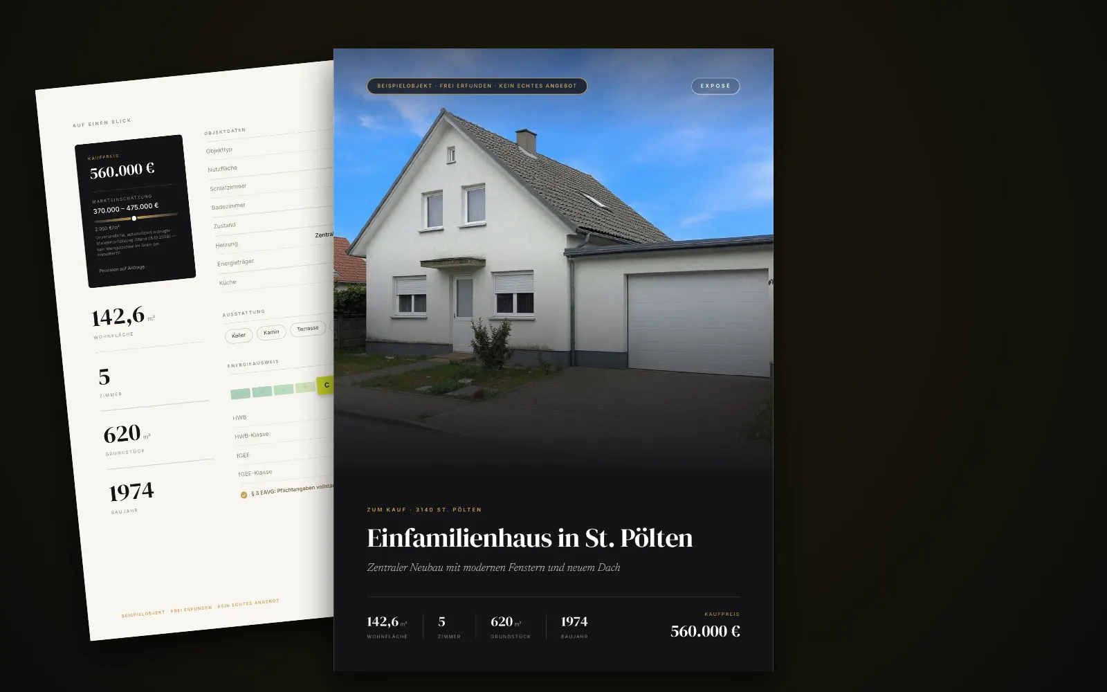 Exposé des Beispielobjekts in St. Pölten: Titelseite mit Foto, Titel und Kaufpreis, dahinter zwei weitere Seiten